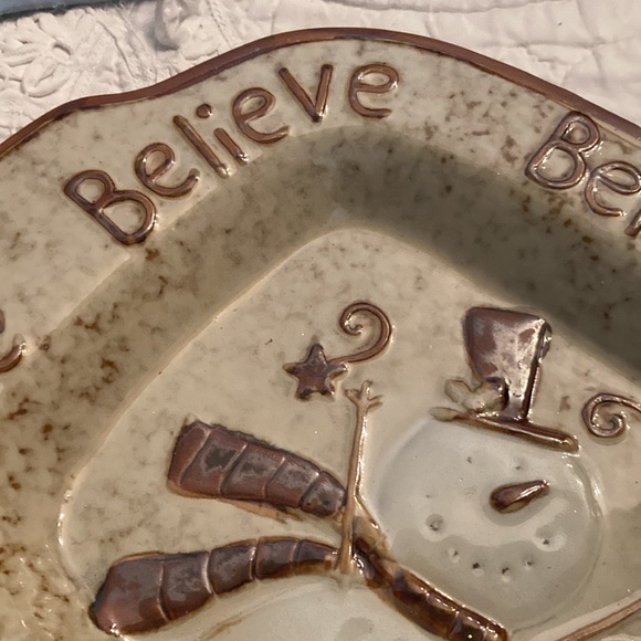 Bella Casa by Ganz ceramic neutral beige tan snowman Christmas platter. Believe - Picture 3 of 9
